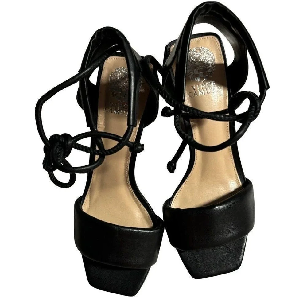 VInce Camuto Vernisa, Block Heel Black Leather Stappy‎ Sandals Shoes Size 8
